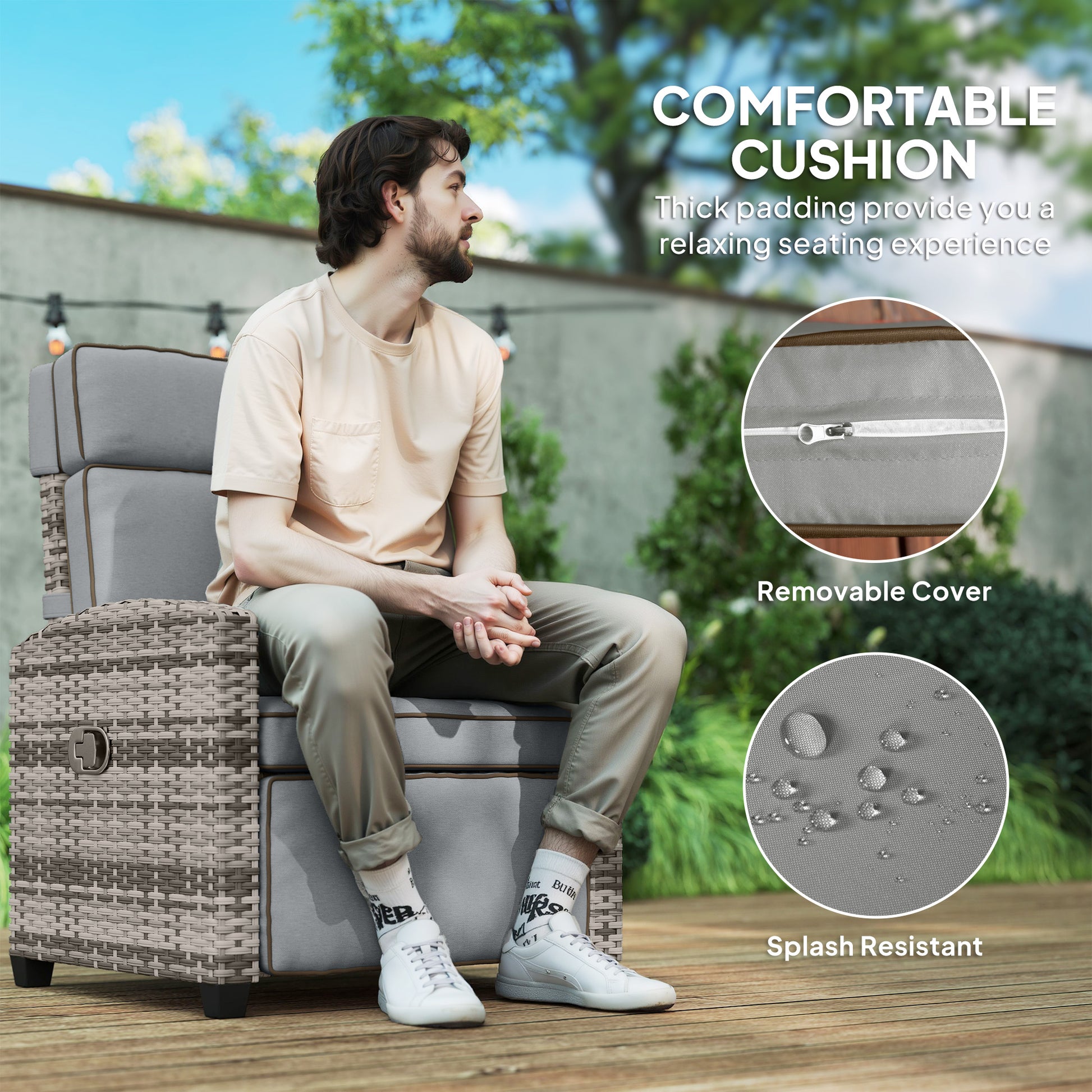 Outsunny 145° Reclining Rattan Armchair with Footrest - Mixed Grey