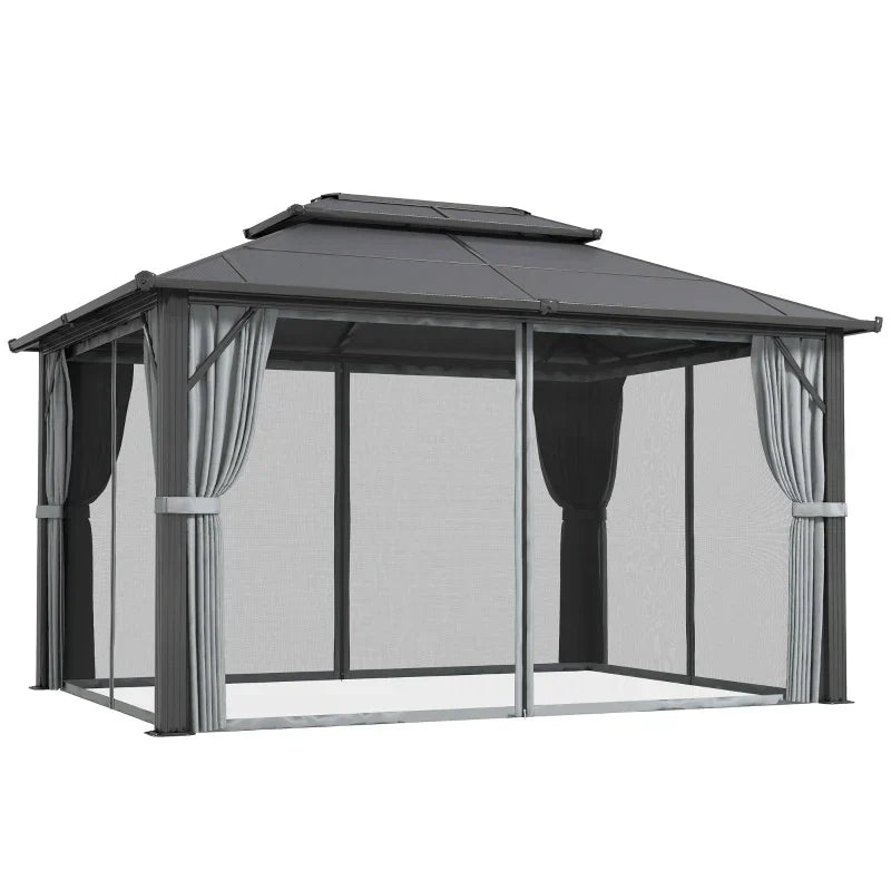 4m x 3m Grey Aluminium Hardtop Gazebo Pavilion – UPF30+ Polycarbonate Roof Outdoor Garden Shelter with Privacy Curtains & Insect Netting