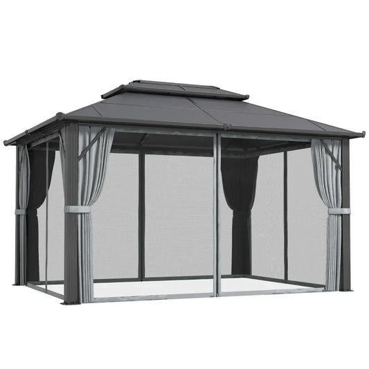4m x 3m Grey Aluminium Hardtop Gazebo Pavilion – UPF30+ Polycarbonate Roof Outdoor Garden Shelter with Privacy Curtains & Insect Netting