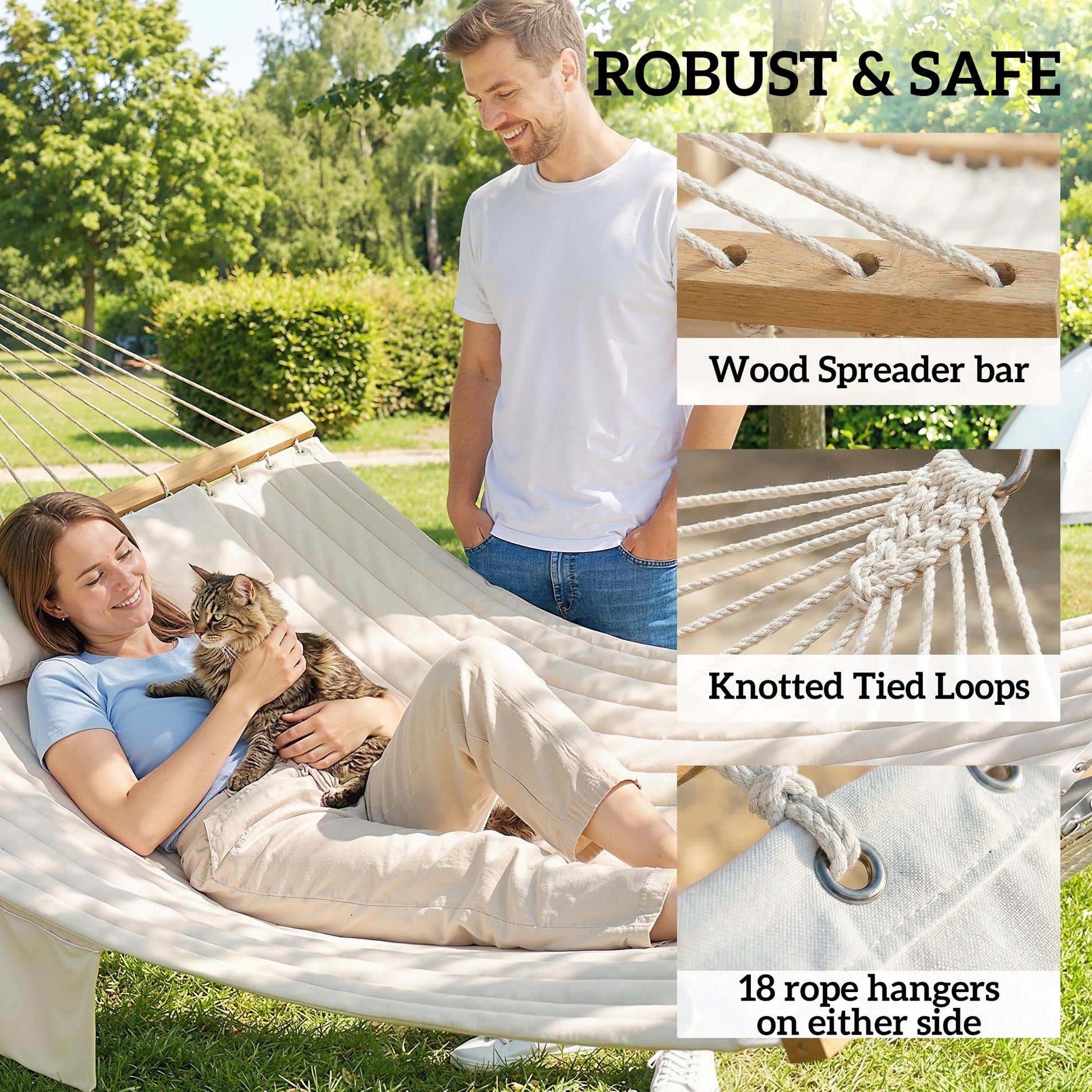 Outsunny Double Hammock 2 Person Swing Bed with Spreader Bars, Pillows, Pad, 200 x 140cm, Cream White