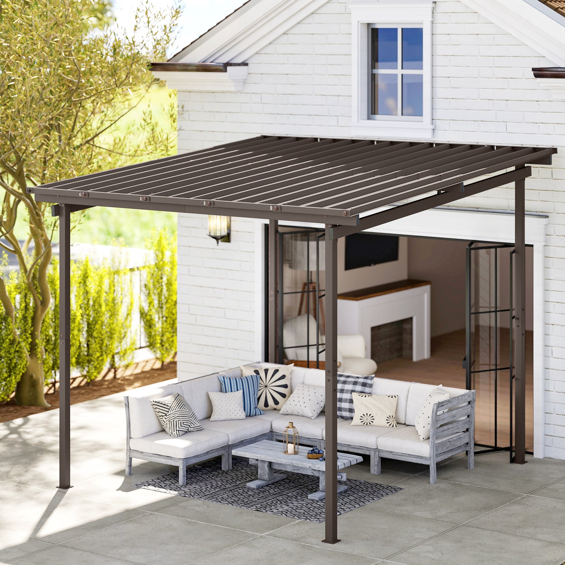 3 x 3(m) Garden Pergola with Waterproof Metal Roof, Lean to Pergola Hardtop Gazebo