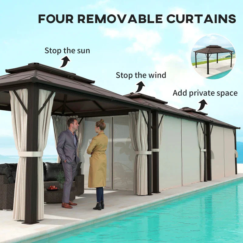 4m x 3m Beige Permanent Hardtop Gazebo – UPF30+ Polycarbonate Double Roof Pavilion with Aluminium Frame, Curtains & Mosquito Netting for Garden, Patio & Deck