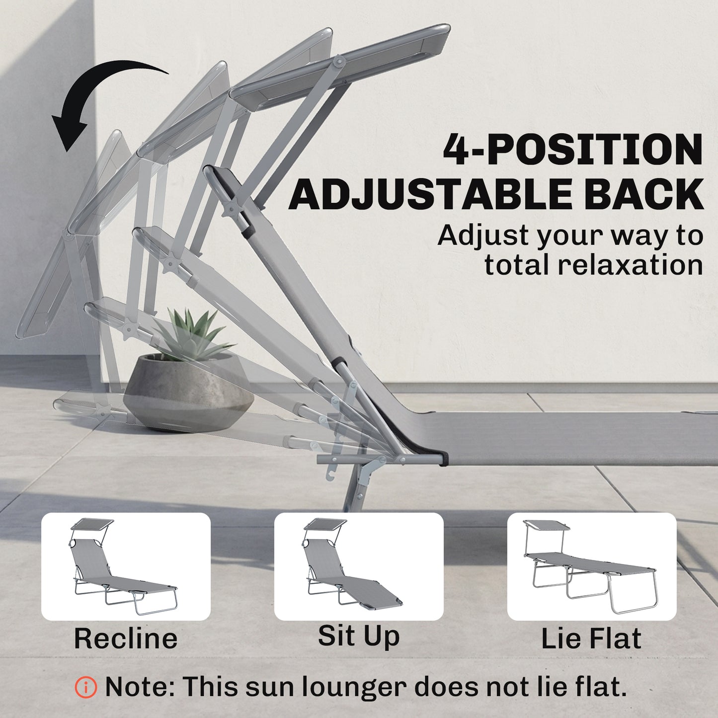 Outsunny Folding Sun Lounger with Canopy, Reclining Sunbed with 4-Position Adjustable Backrest, 600D Oxford Cloth, Portable Garden Lounger Recliner Chair for Beach, Camping, Patio, Light Grey