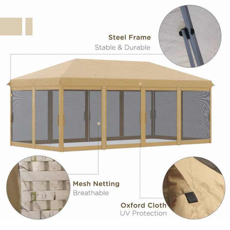 Beige 6m x 3m Pop Up Gazebo Marquee – Portable Garden Event Shelter with Mesh Curtain