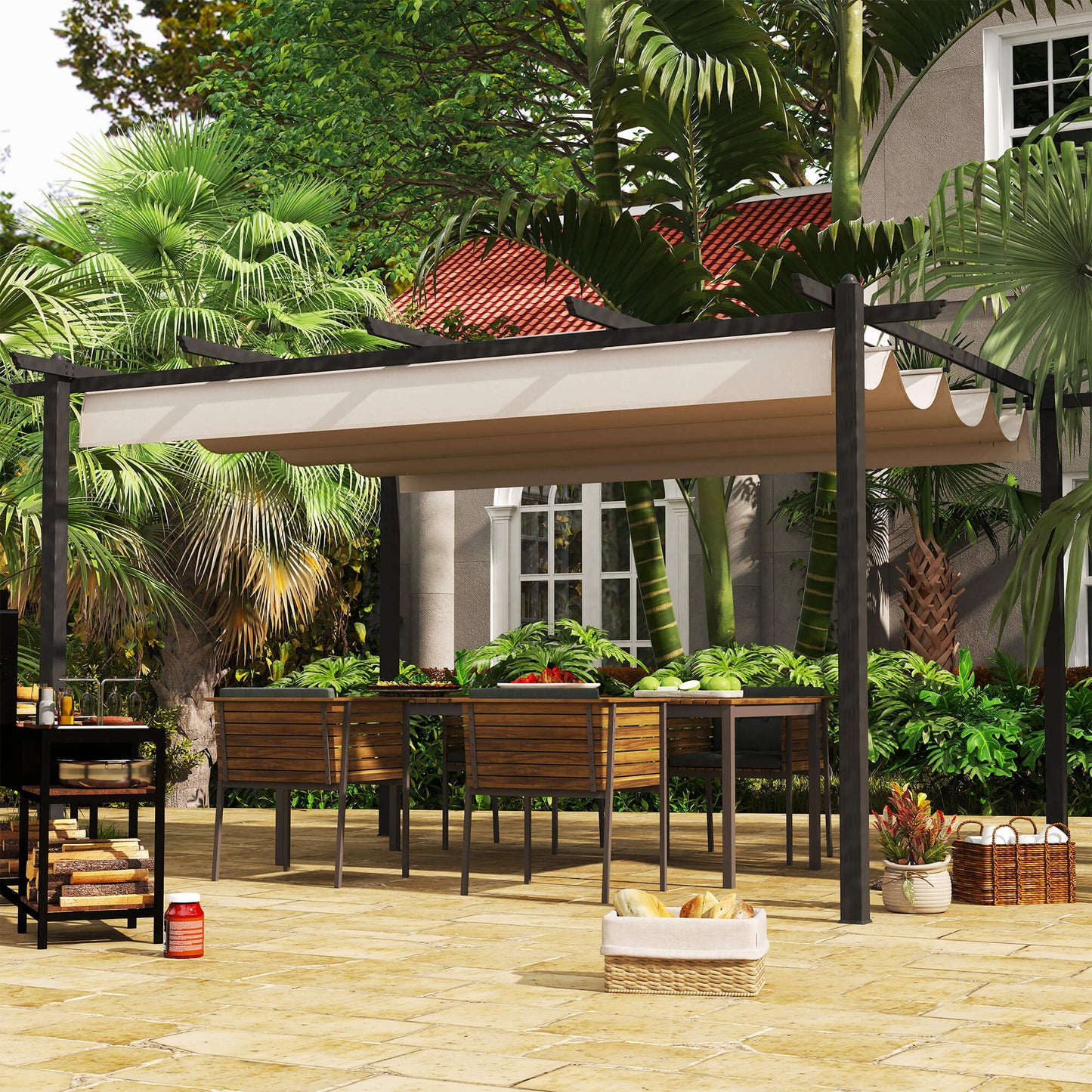 4 x 3(m) Aluminium Pergola with Retractable Roof, Garden Gazebo Canopy Shelter, Patio, Cream White