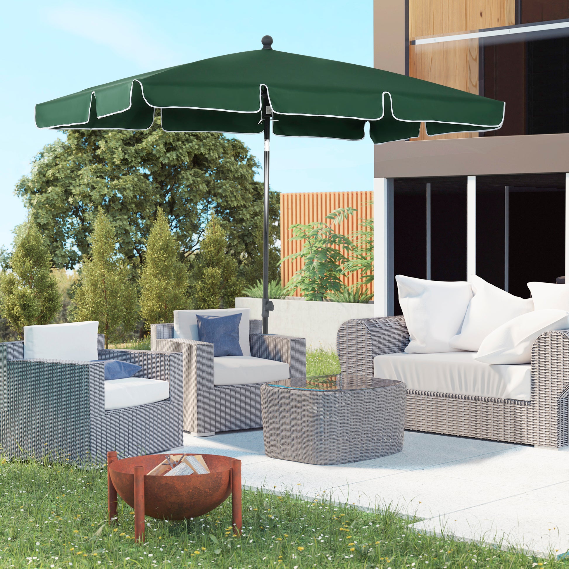 Garden Parasol Umbrella, Outdoor Market Table Umbrella with Ruffles & Aluminium Pole, Rectangular Tilting Parasol Sun Shade Canopy, 2 x 1.3m,
