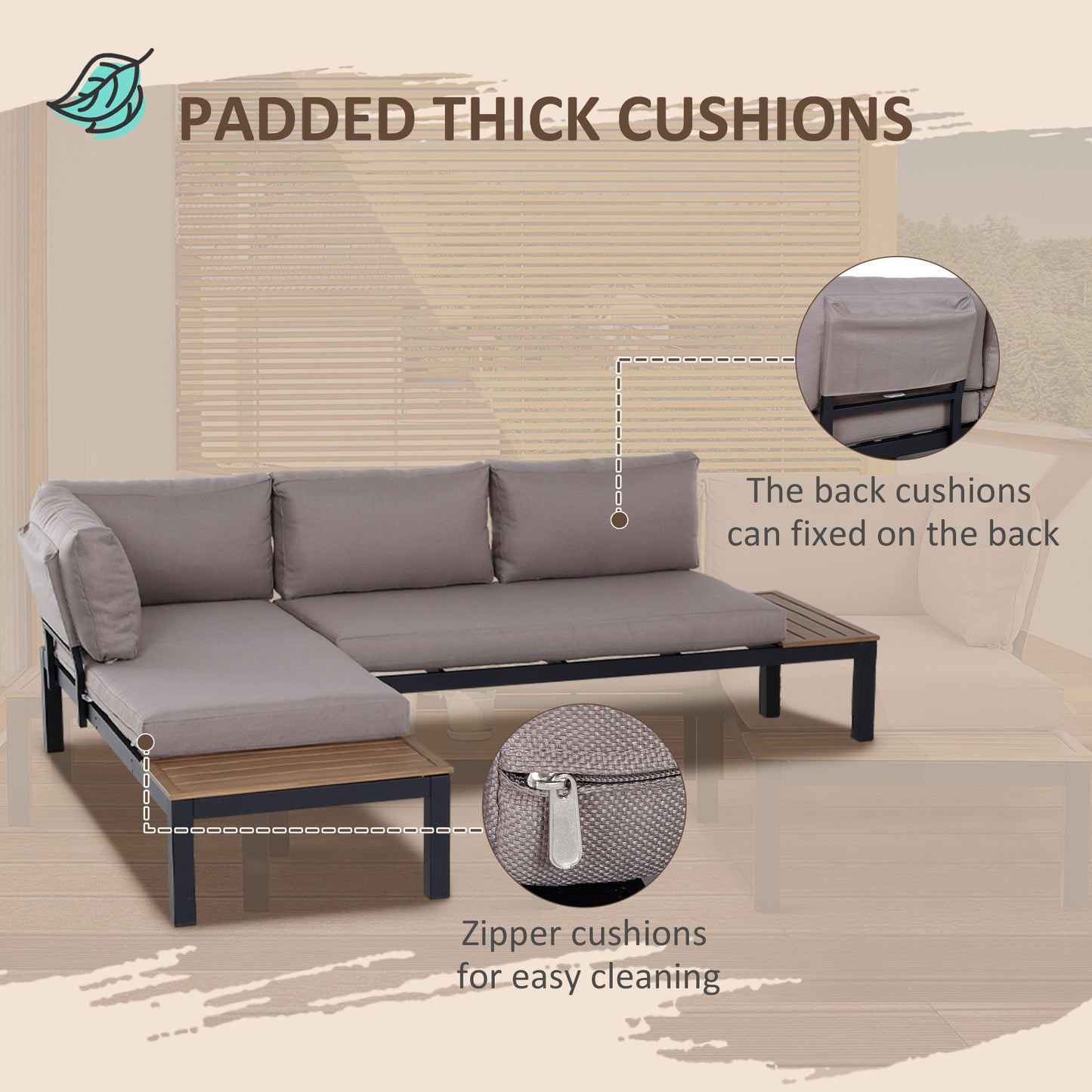 Outsunny 3 Pieces Garden Furniture Set, Aluminium 4 Seater Corner Sofa Set with 2 Loveseats, Black