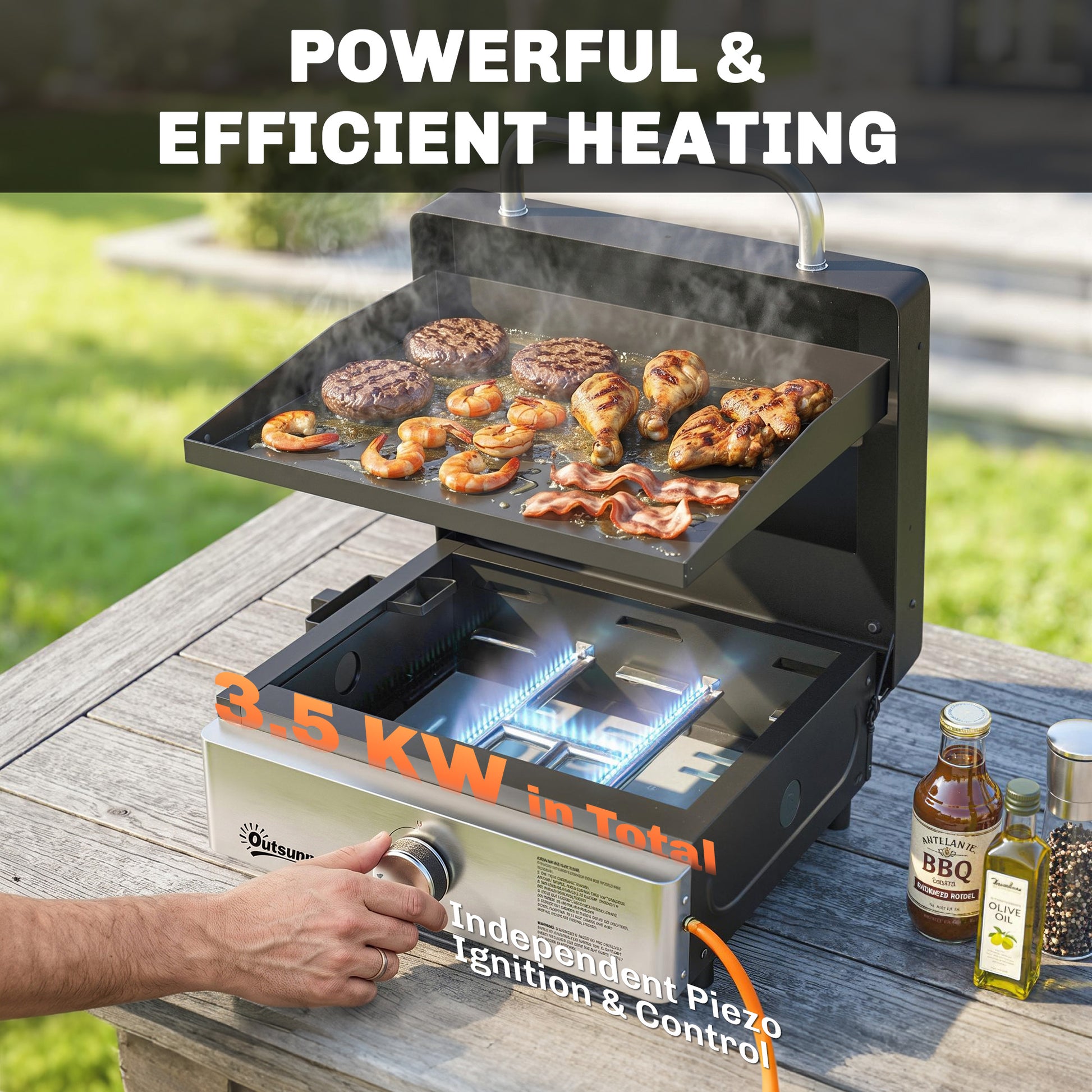 Outsunny Grill Griddle, Portable Gas Plancha, 3.5 kW, Tabletop Gas BBQ with Grease Cup for Camping Picnic Patios, Black