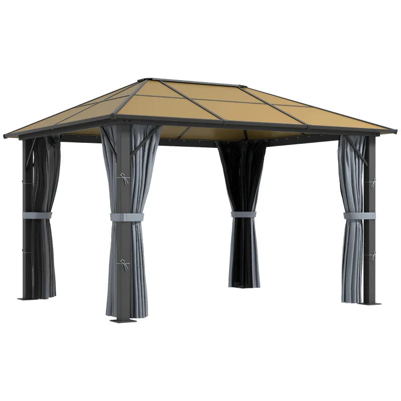3m x 3.6m Aluminium Hardtop Gazebo - Polycarbonate Roof Garden Shelter with Privacy Curtains