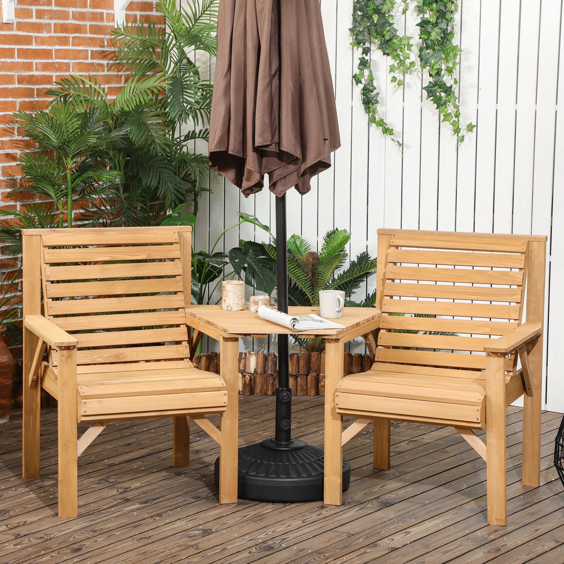 Marbella Wooden Garden Love Seat, 2 Seater Jack & Jill Companion Seat with Coffee Table and Parasol Hole