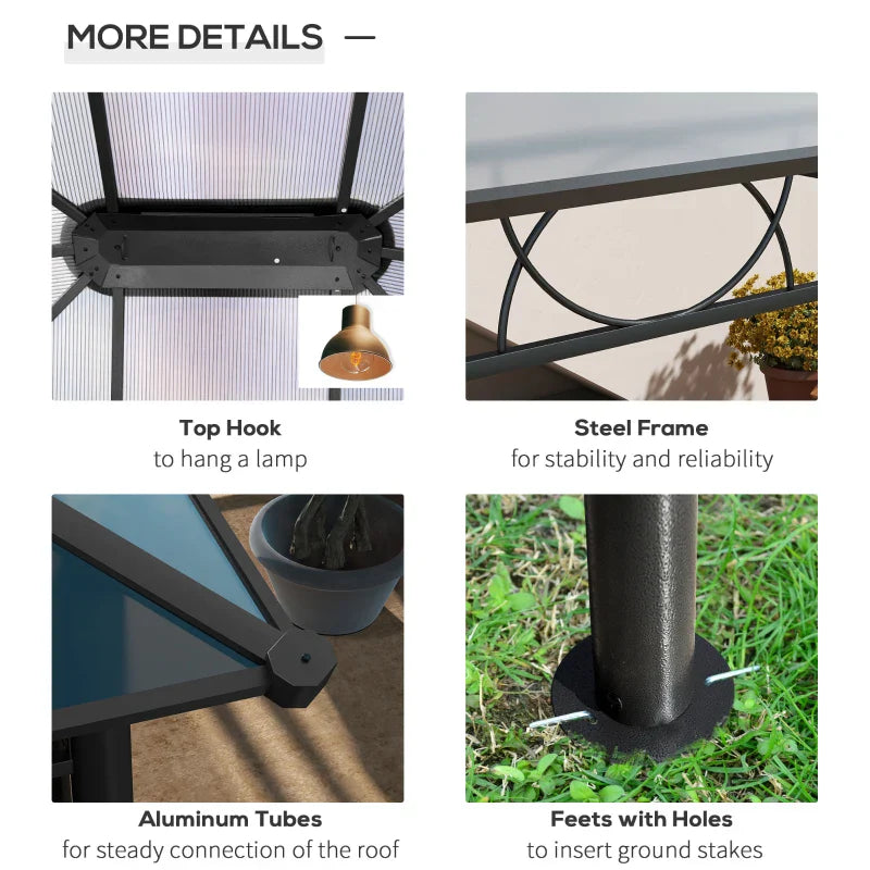 3m x 4m Grey Hardtop Gazebo with Polycarbonate Roof, Steel & Aluminium Fram