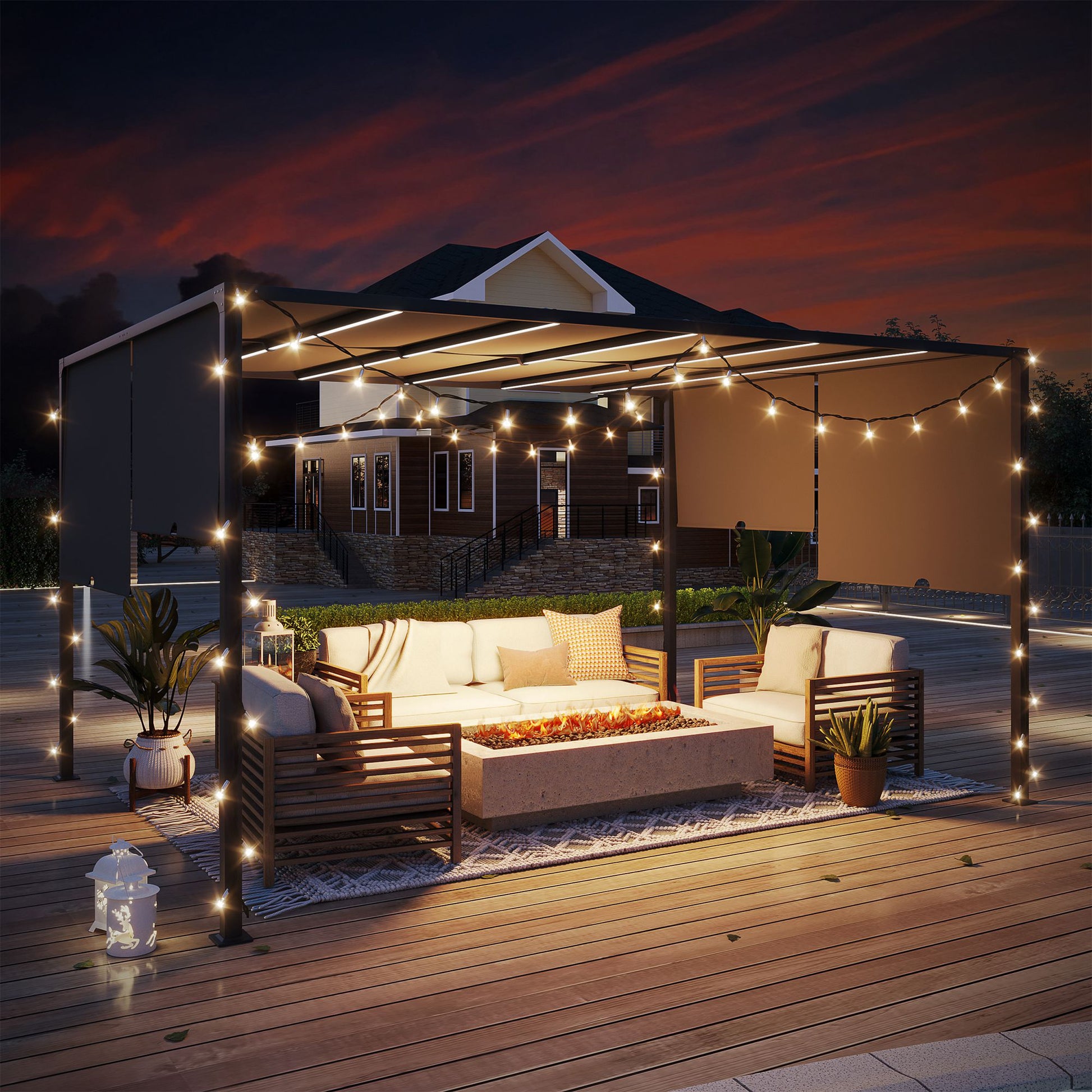 3(m) x 4m Metal Pergola with LED Lights, Garden Pergola with Sliding Roof, Solar Powered, for BBQ, Lawn