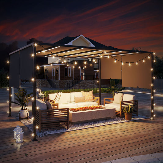 3(m) x 4m Metal Pergola with LED Lights, Garden Pergola with Sliding Roof, Solar Powered, for BBQ, Lawn