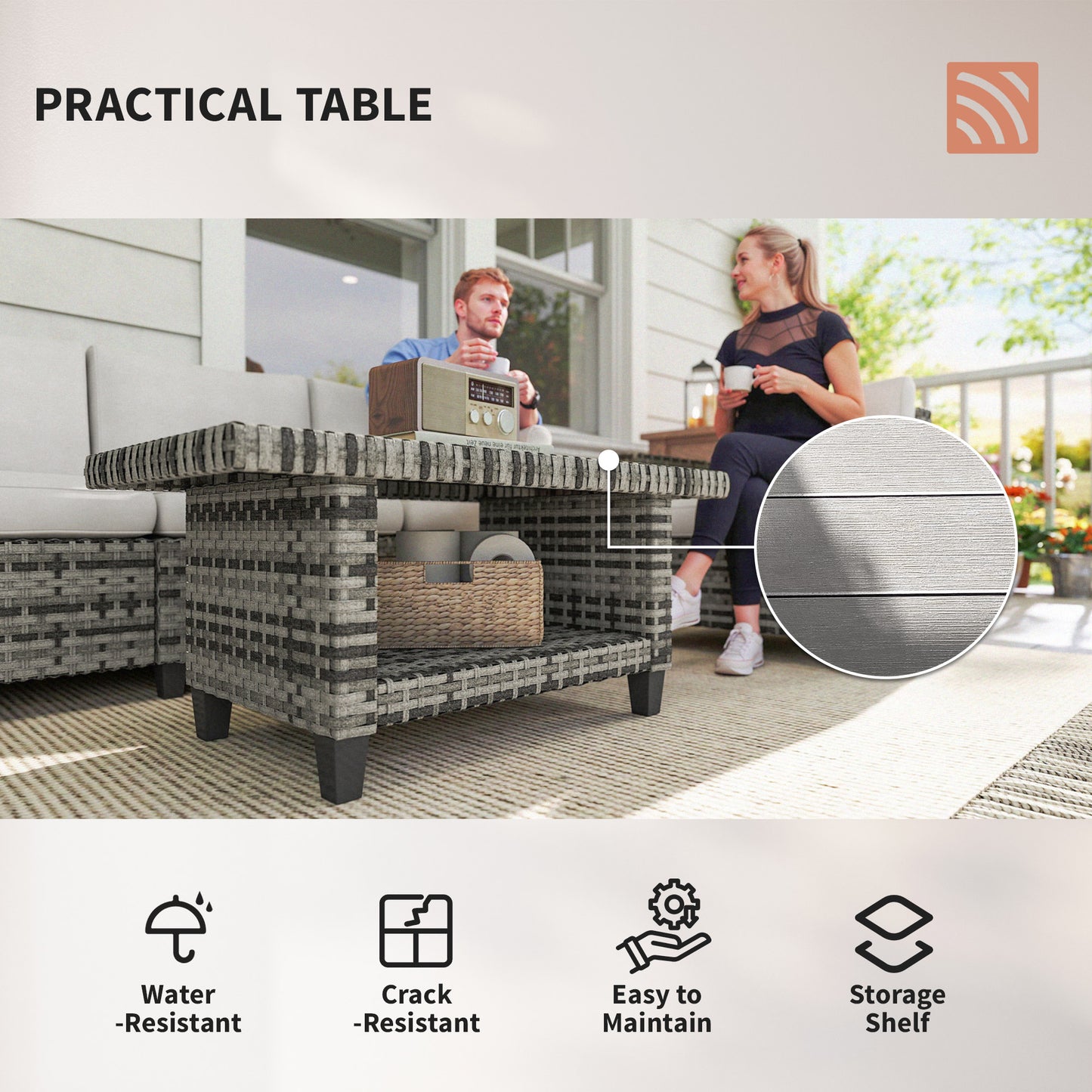 Outsunny Six-Piece Modular Rattan Sofa Set 5-Seater Garden Furniture Set with Two-tier Table - Light Grey