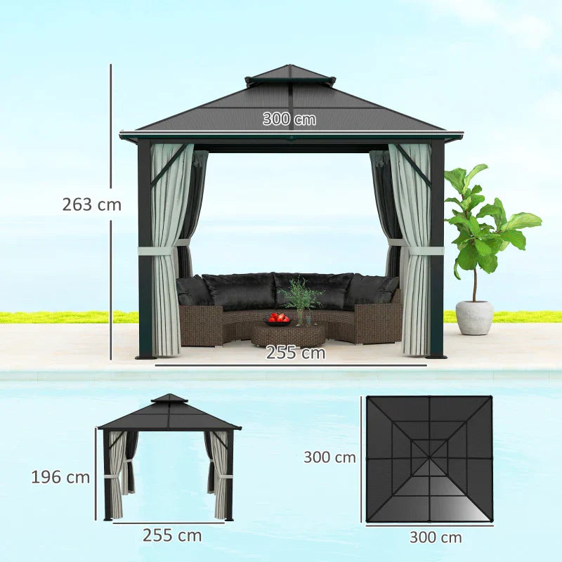 Grey 3m x 3m Permanent Hardtop Gazebo with UPF30+ Polycarbonate Roof, Aluminium Frame, Curtains & Mosquito Netting