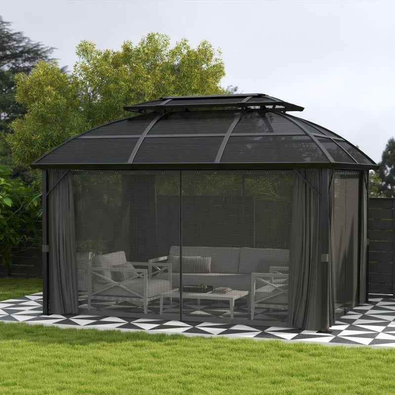 4m x 3m Aluminium Hardtop Gazebo with Polycarbonate Roof, Privacy Curtains & Mesh Sidewalls – Black & Grey
