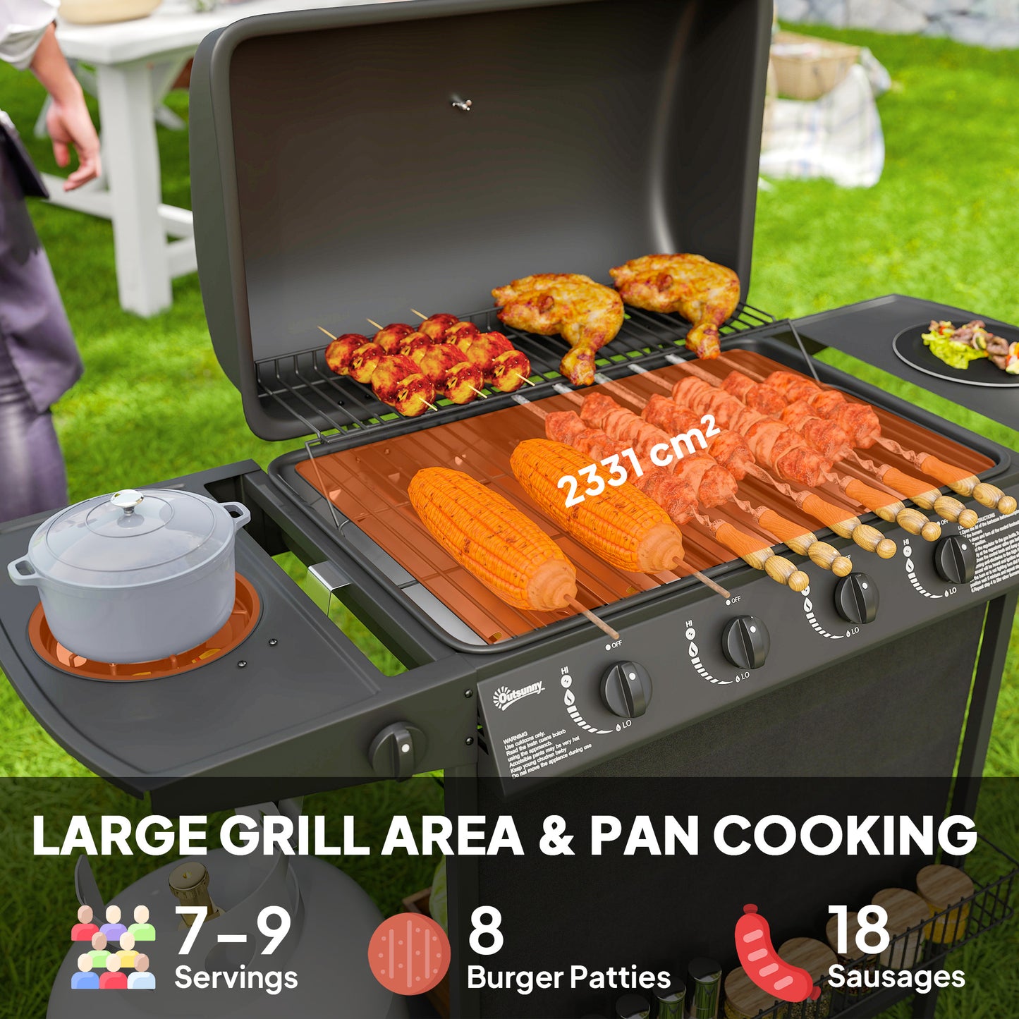 Outsunny 4+1 Burner Gas BBQ Grill, Portable Gas Barbecue Grill with Built-in Thermometer, Lid, Side Table, Shelf, Spice Rack, Wheels, Grease Cup for Garden Party Outdoor Cooking, Black