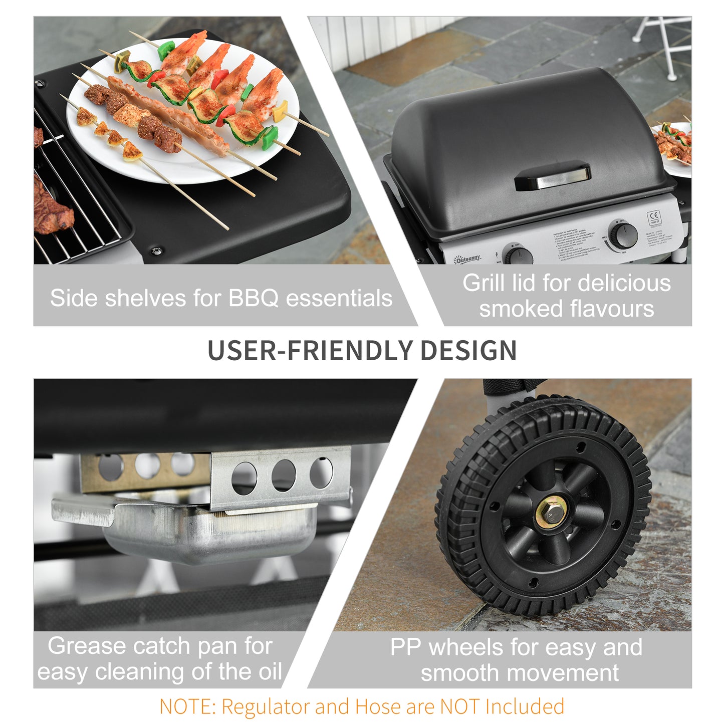 Outsunny 2 Burner Gas BBQ Trolley with Lid, 5.6 kW Gas Barbecue Grill with Wheels, Side Shelves for Home Patio Garden Party Outdoor Cooking, Black