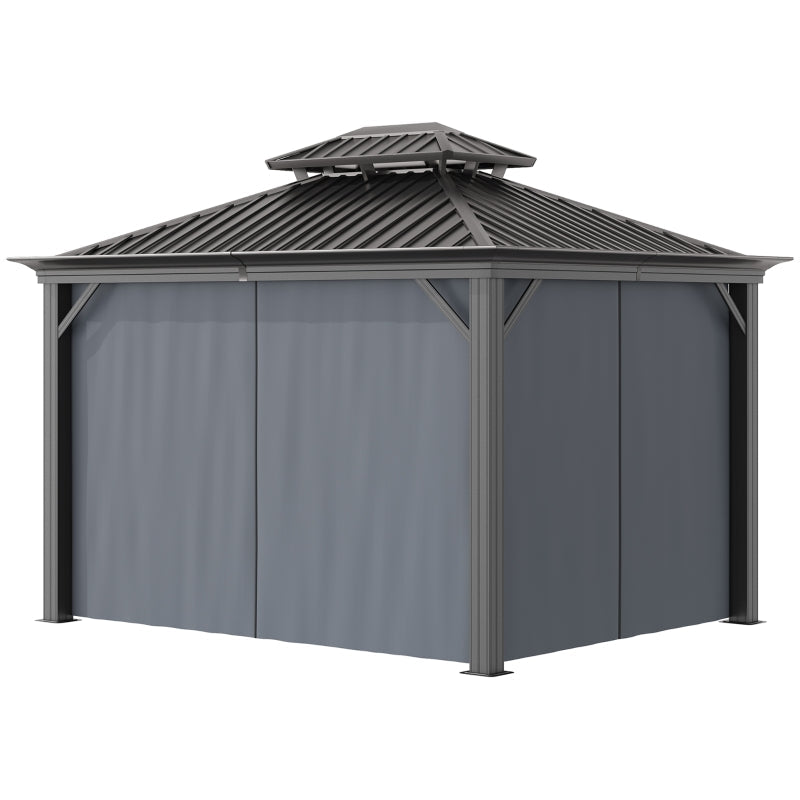 Grey 3.65m x 3m Premium Hardtop Gazebo with Double-Tier Roof, Aluminium Frame, Curtains & Removable Mesh Screens