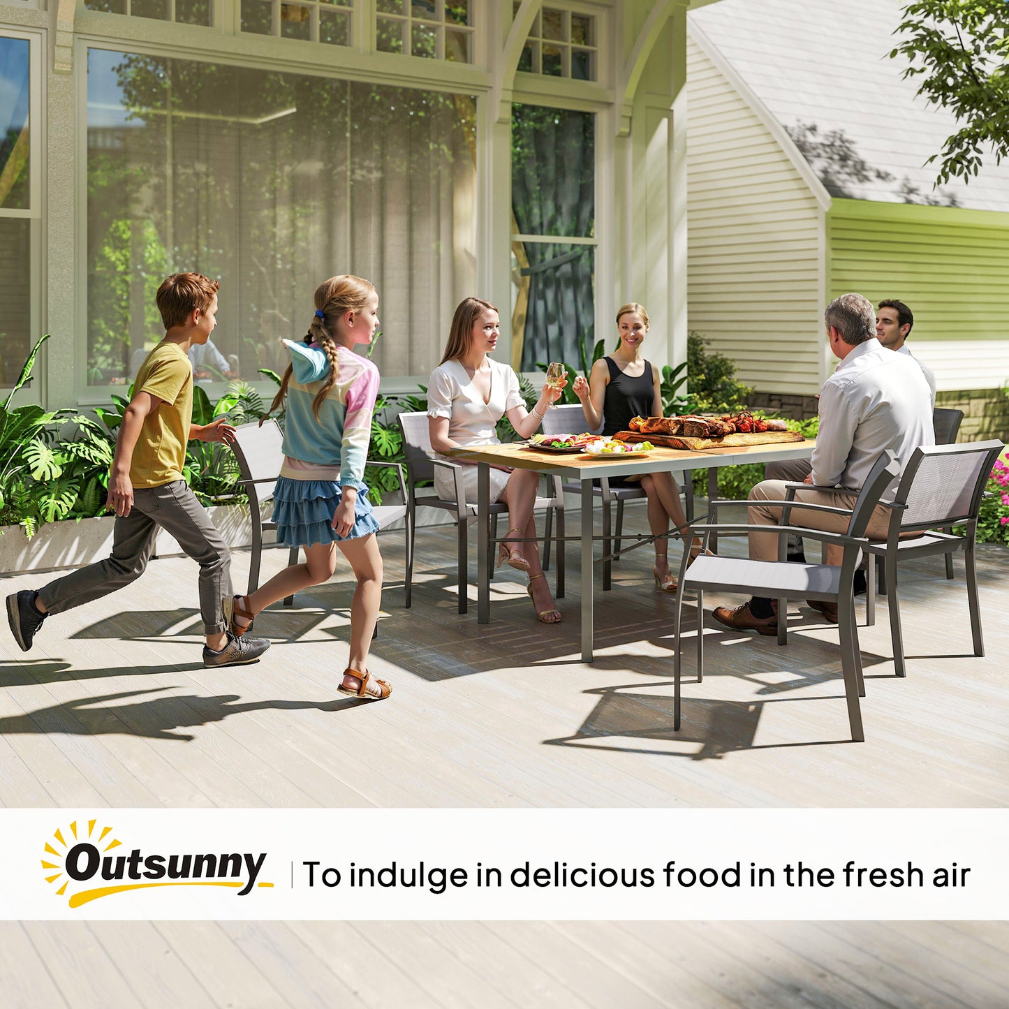 Outsunny Garden Table for 6, 150 cm Rectangular Outdoor Dining Table with 5 cm Umbrella Hole, Wood Effect Top, Rust Resistant Frame, for Patio, Balcony, Terrace, Natural Wood Finish