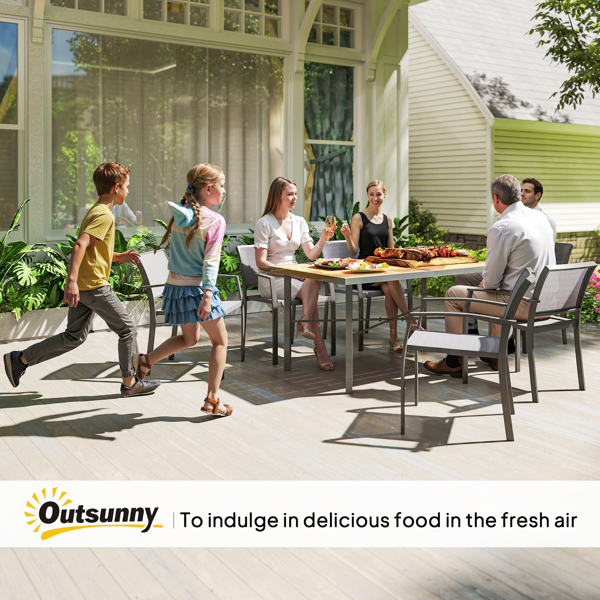 Outsunny Garden Table for 6, 150 cm Rectangular Outdoor Dining Table with 5 cm Umbrella Hole, Wood Effect Top, Rust Resistant Frame, for Patio, Balcony, Terrace, Natural Wood Finish