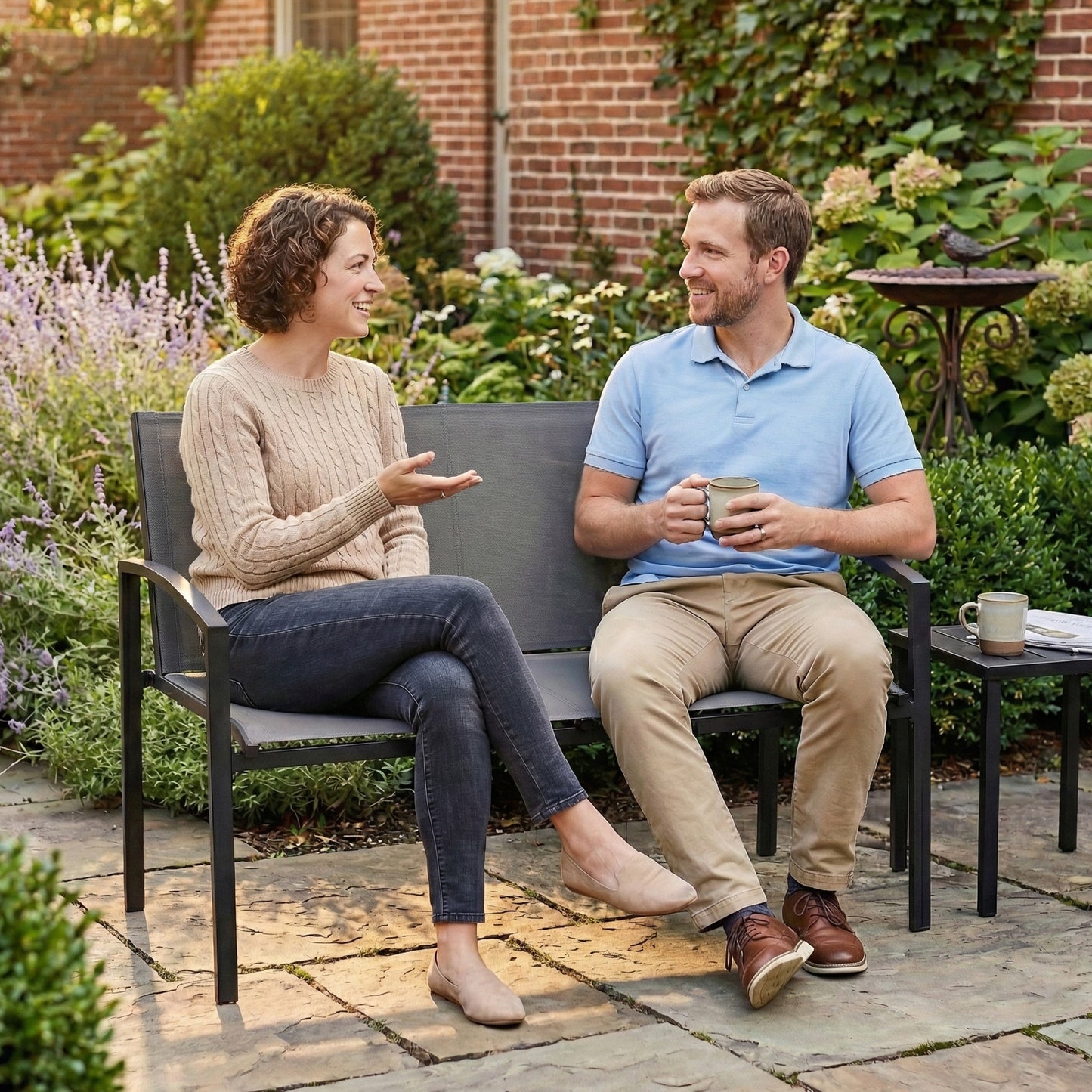 Verona Metal Garden Bench, 2 Seater Outdoor Furniture Seating with Breathable Texteline Fabric, Park Patio Seat