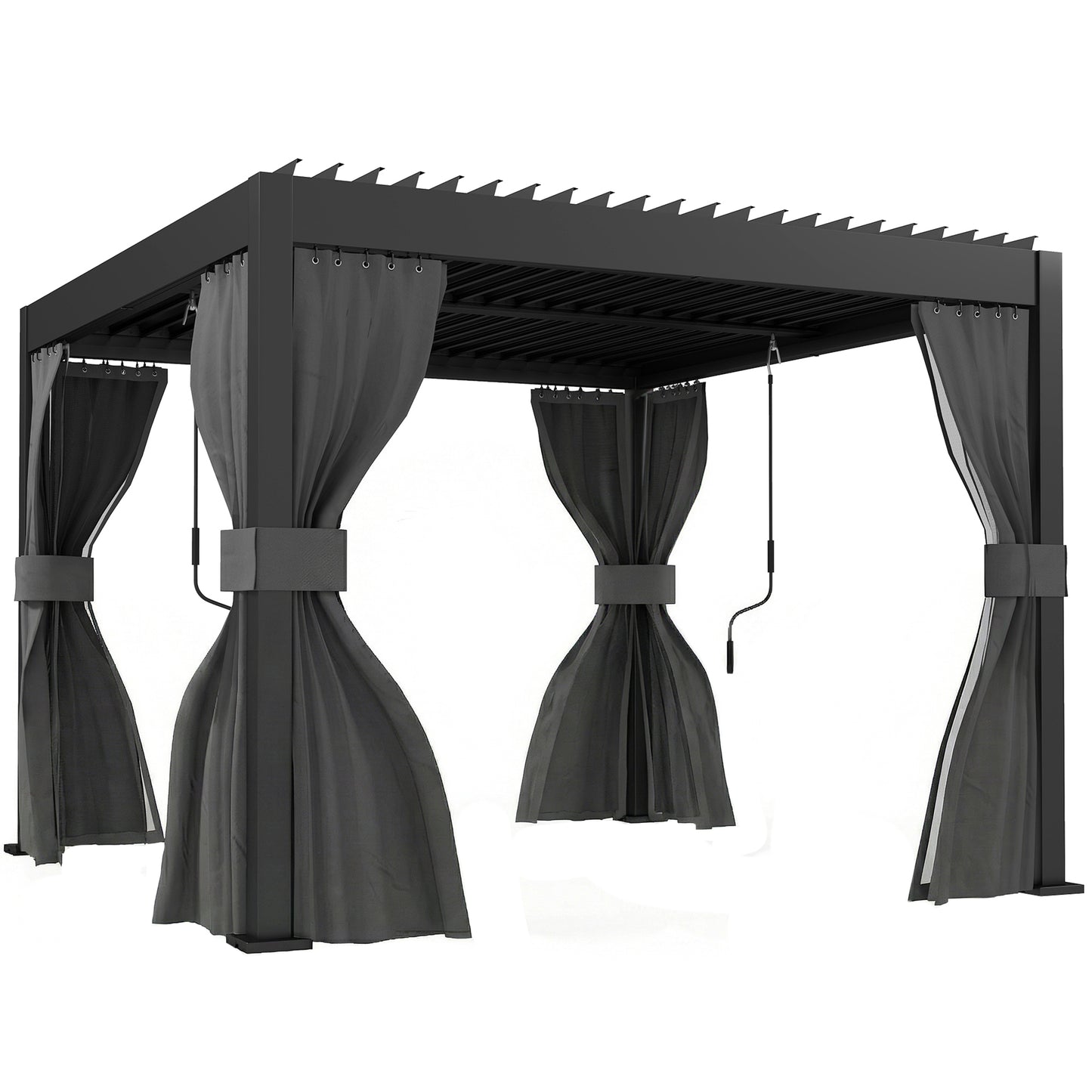 Outsunny 3 x 3 m Louvered Pergola with Adjustable Metal Louvred Roof, Aluminium Patio Gazebo with Netting and Curtains, Dark Grey
