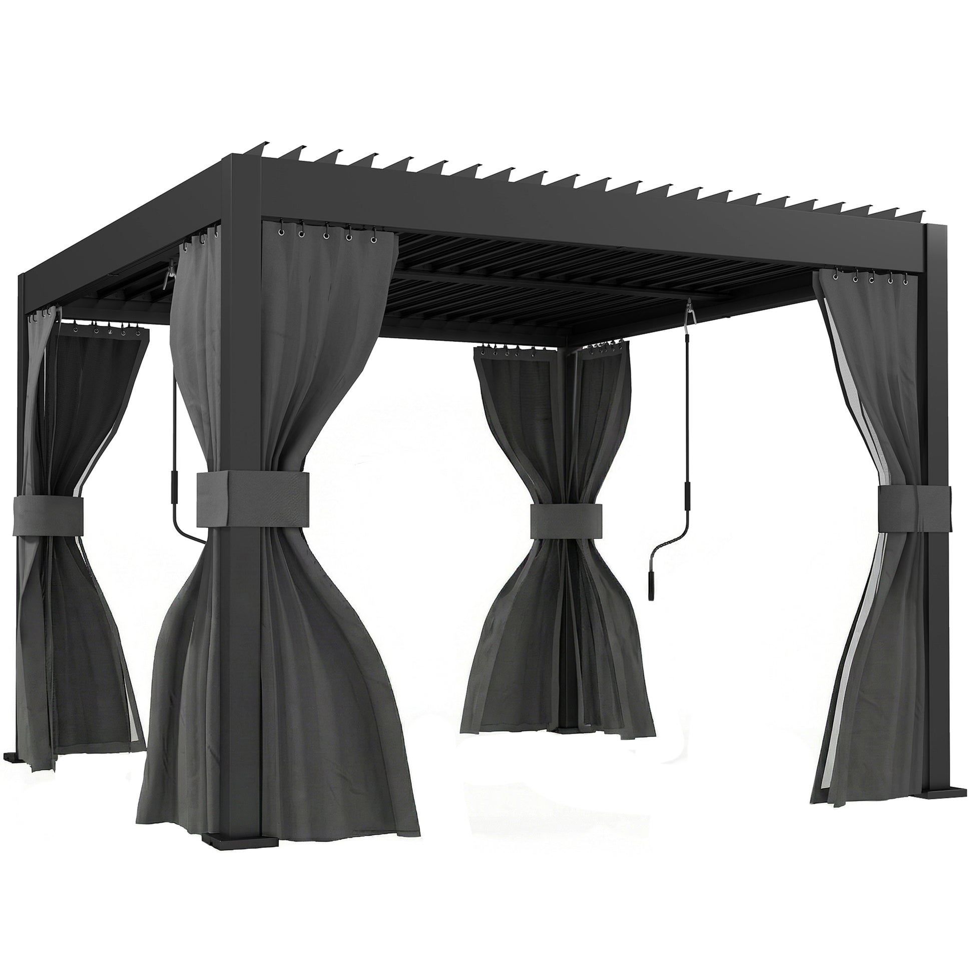 Outsunny 3 x 3 m Louvered Pergola with Adjustable Metal Louvred Roof, Aluminium Patio Gazebo with Netting and Curtains, Dark Grey