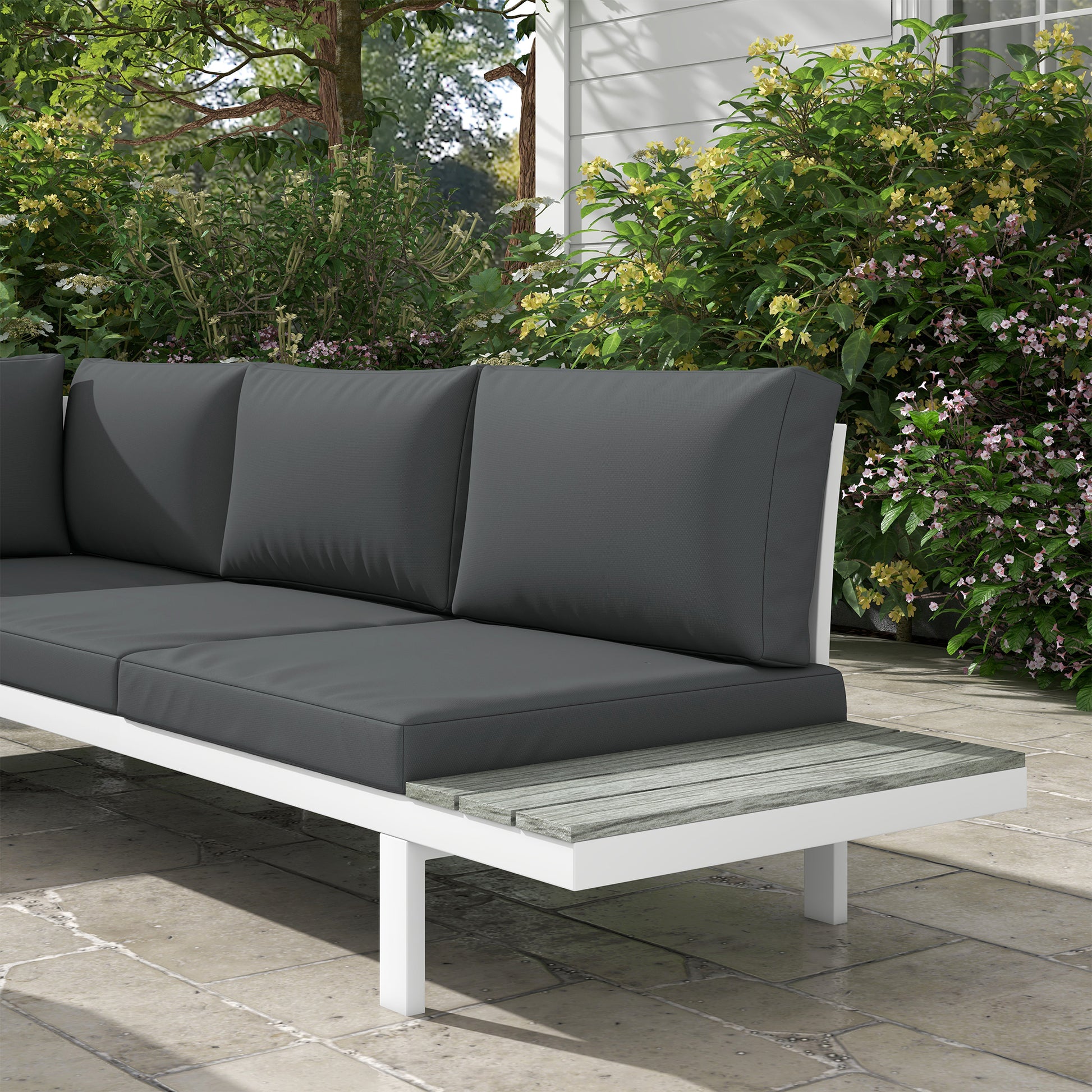 Outsunny 4 Pieces Garden Furniture Set, 5-Level Reclining Garden Corner Sofa Set, Outdoor Lounge Conversation Sectional with Cushions, Wood Effect Plastic Table, White Frame & Grey Cushion