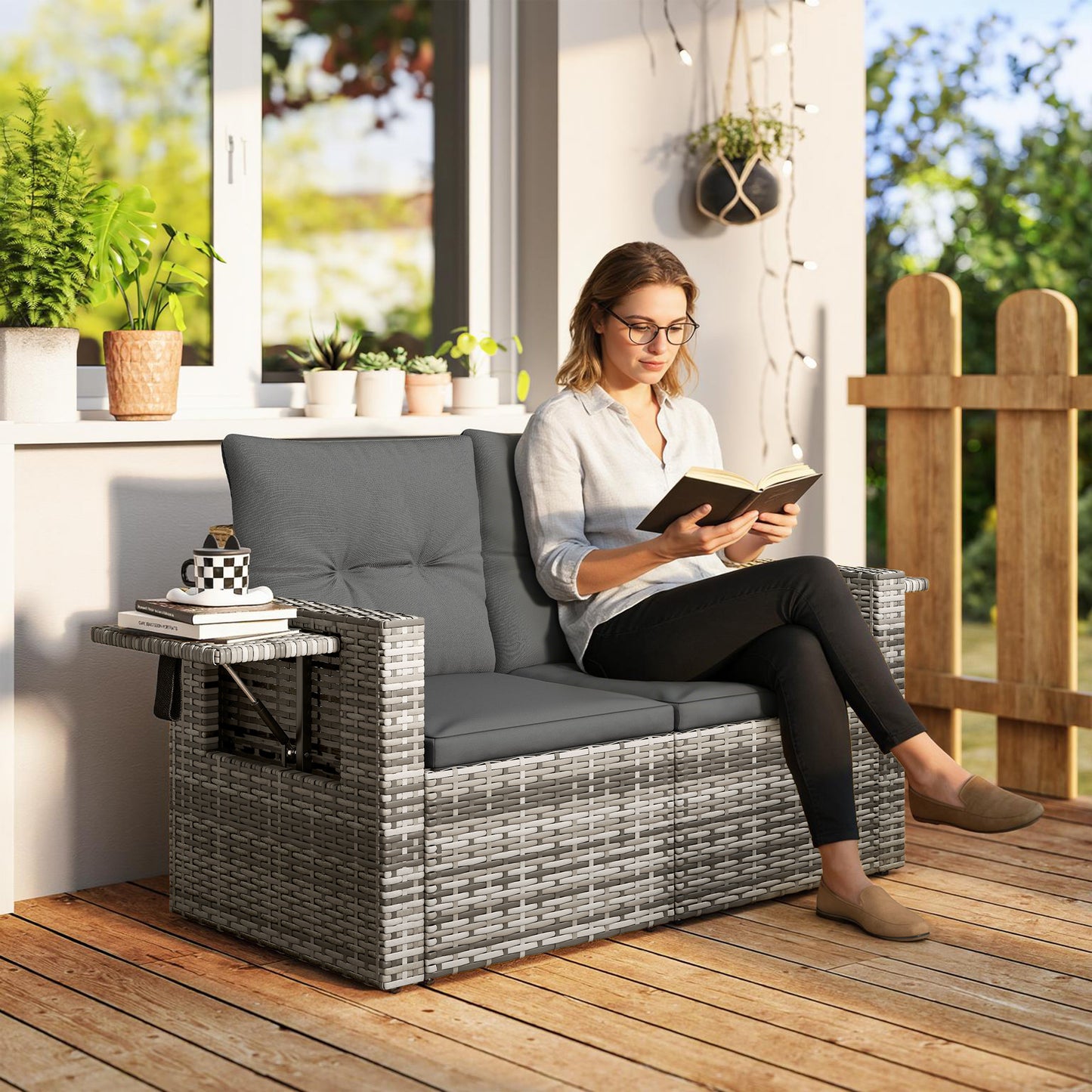 Mediterraneo 2 Seater Rattan Garden Sofa Outdoor Loveseat with Hidden Side Trays and Cushions for Patio Balcony