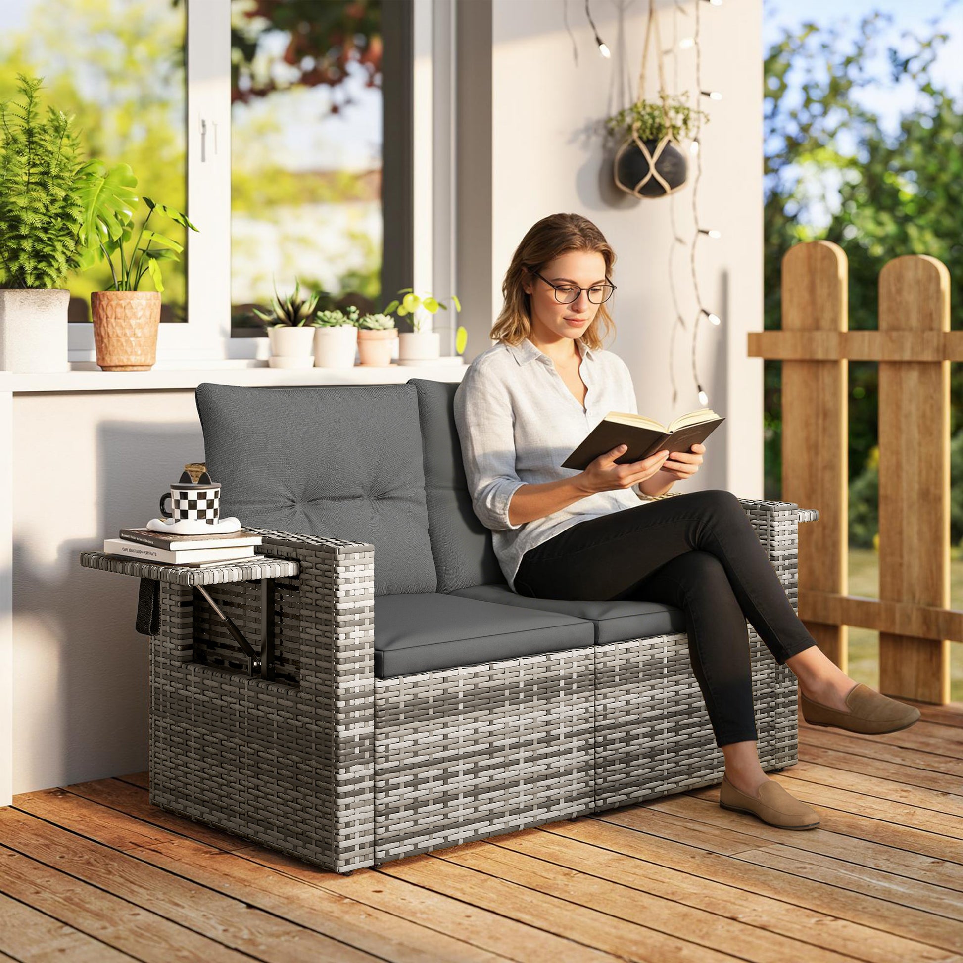 Mediterraneo 2 Seater Rattan Garden Sofa Outdoor Loveseat with Hidden Side Trays and Cushions for Patio Balcony