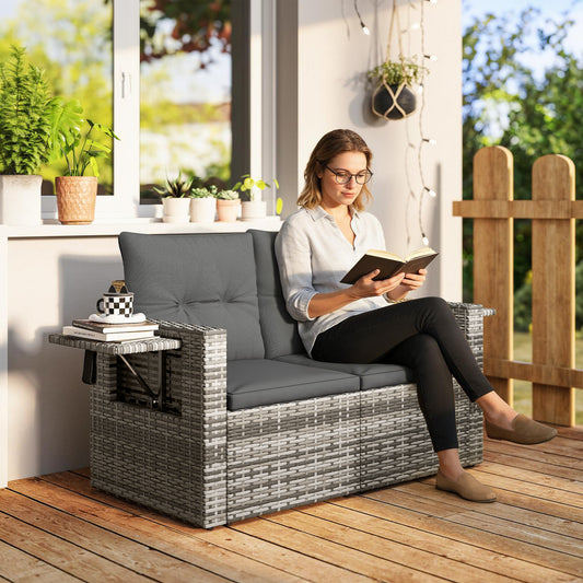 Mediterraneo 2 Seater Rattan Garden Sofa Outdoor Loveseat with Hidden Side Trays and Cushions for Patio Balcony