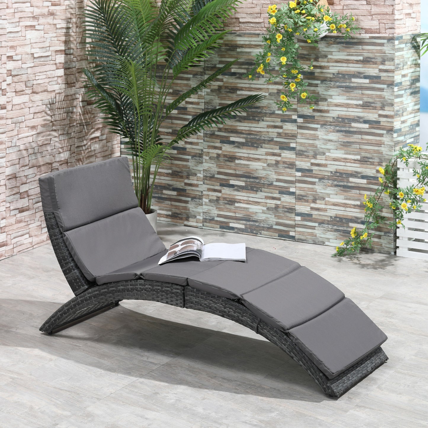 Folding Sun Lounger, PE Rattan Garden Lounger Chair with Soft Padded Cushion, Ergonomic Curved Design Sun Bed for Balcony, Garden, Grey