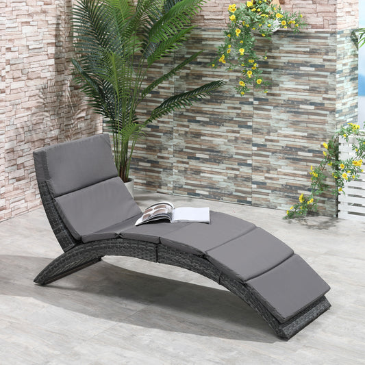 Folding Sun Lounger, PE Rattan Garden Lounger Chair with Soft Padded Cushion, Ergonomic Curved Design Sun Bed for Balcony, Garden, Grey