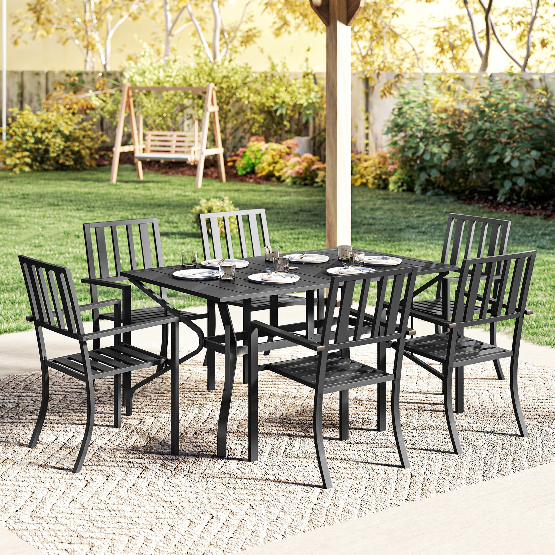 Capri 7 Piece Garden Table and Chairs 6 Seater Garden Table and Chairs with Umbrella Hole, for Poolside, Garden