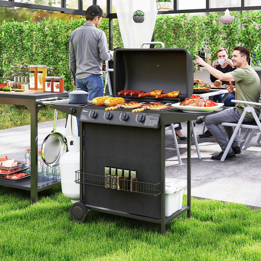 4+1 Burner Gas BBQ, Portable Gas BBQ with Built-in Thermometer, Lid, Side Table, Shelf