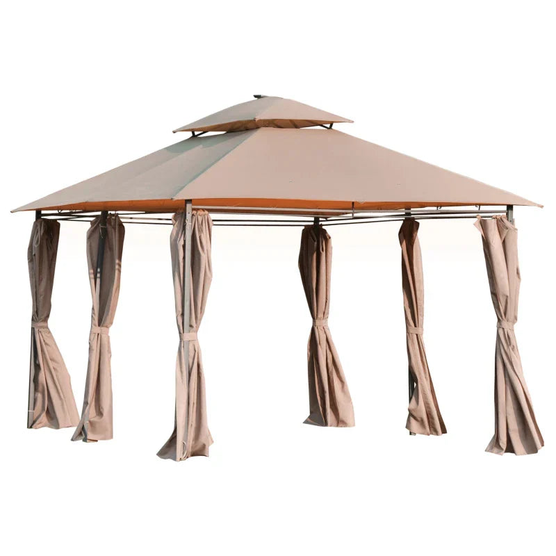 4m x 3m Garden Gazebo with LED Solar Lights - Double Tier Roof Outdoor Party Shelter with Curtains
