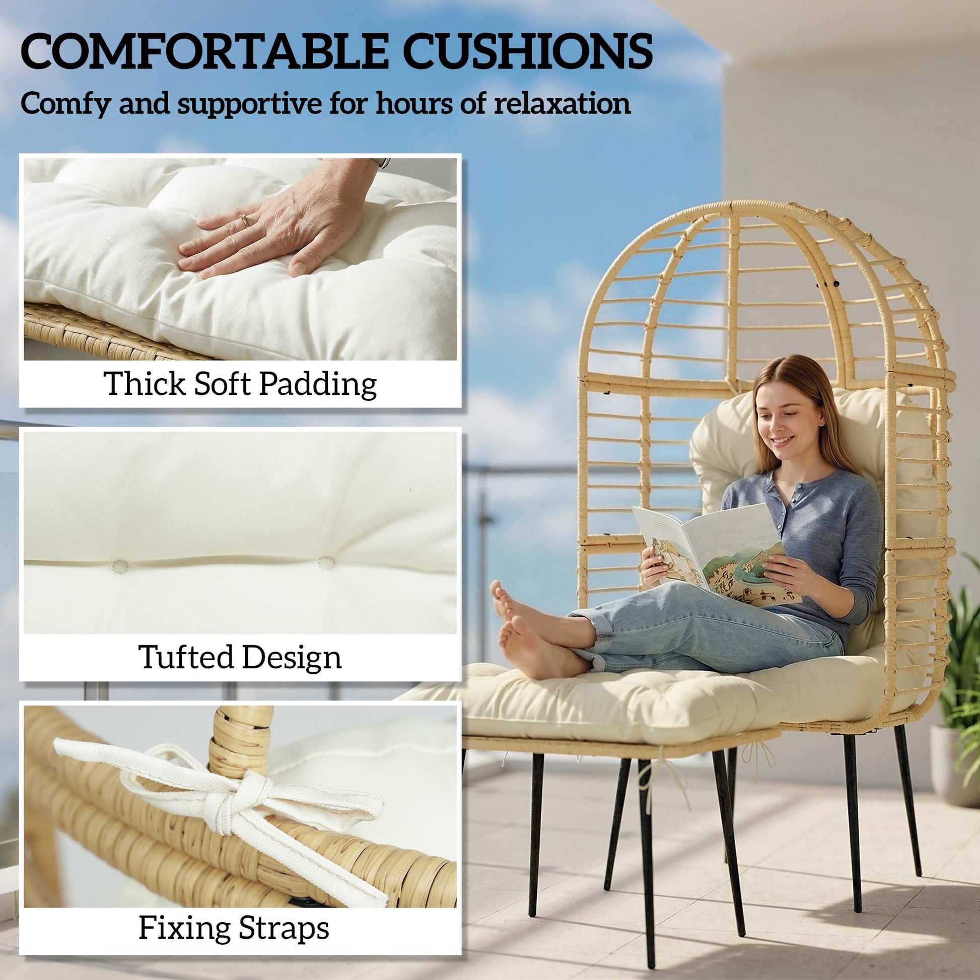 Outsunny Garden Egg Chair with Footstool, Rattan Indoor Outdoor Lounge Chair and Ottoman Set with Thick Cushions, Beige
