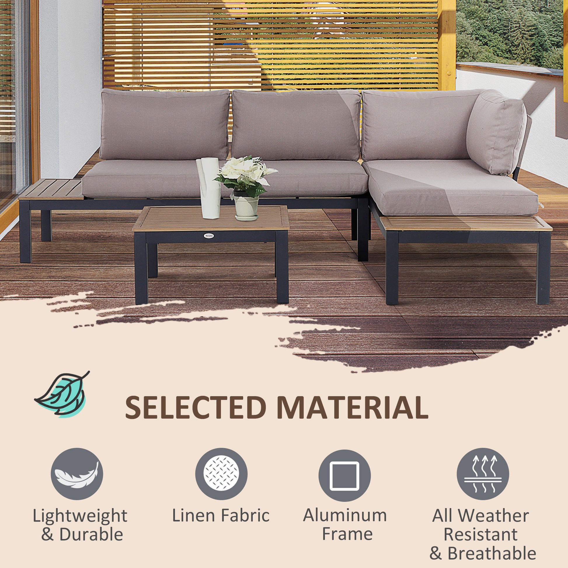 Outsunny 3 Pieces Garden Furniture Set, Aluminium 4 Seater Corner Sofa Set with 2 Loveseats, Black