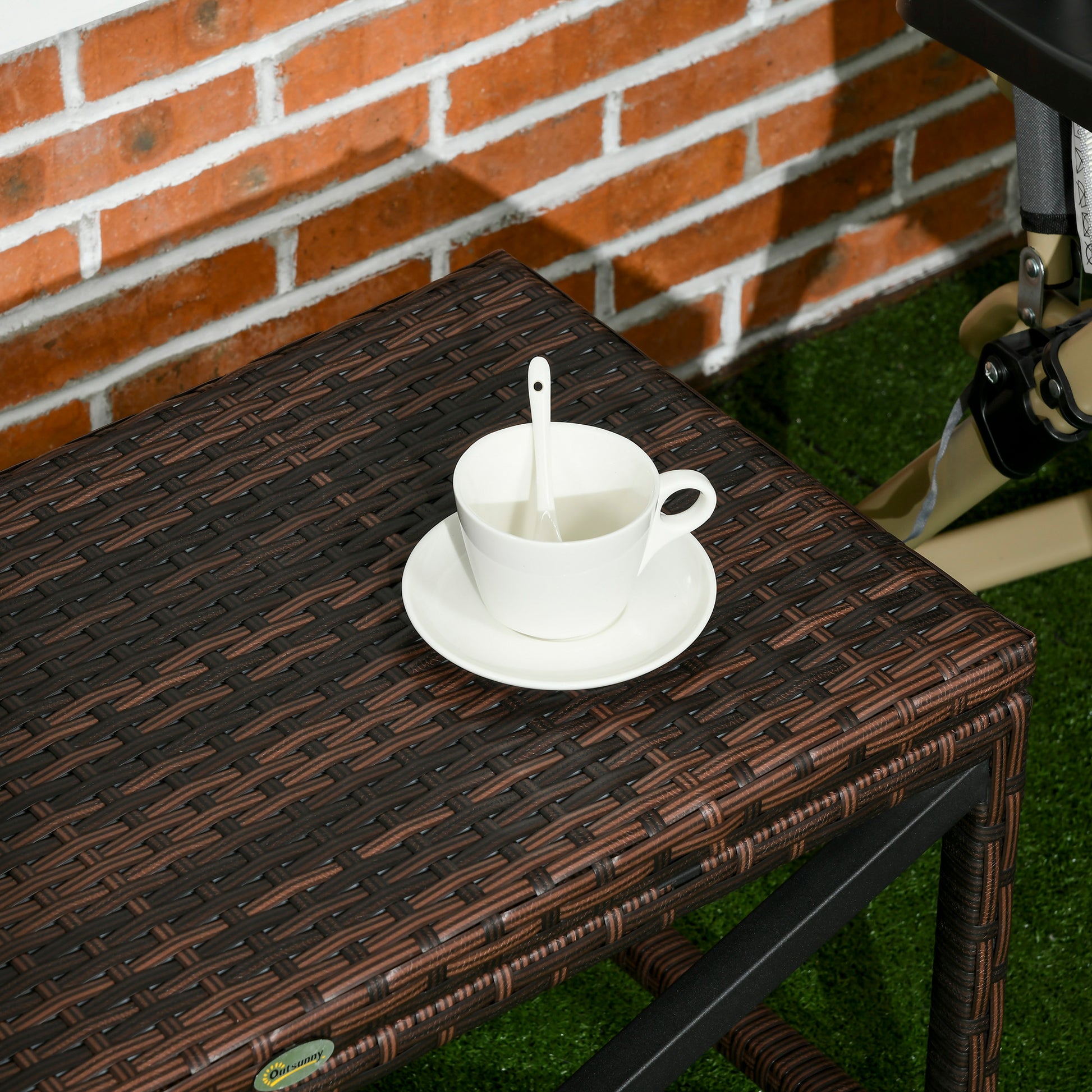 Outsunny PE Rattan Garden Side Table, Outdoor Coffee Table with X-Shape Frame, Mixed Brown