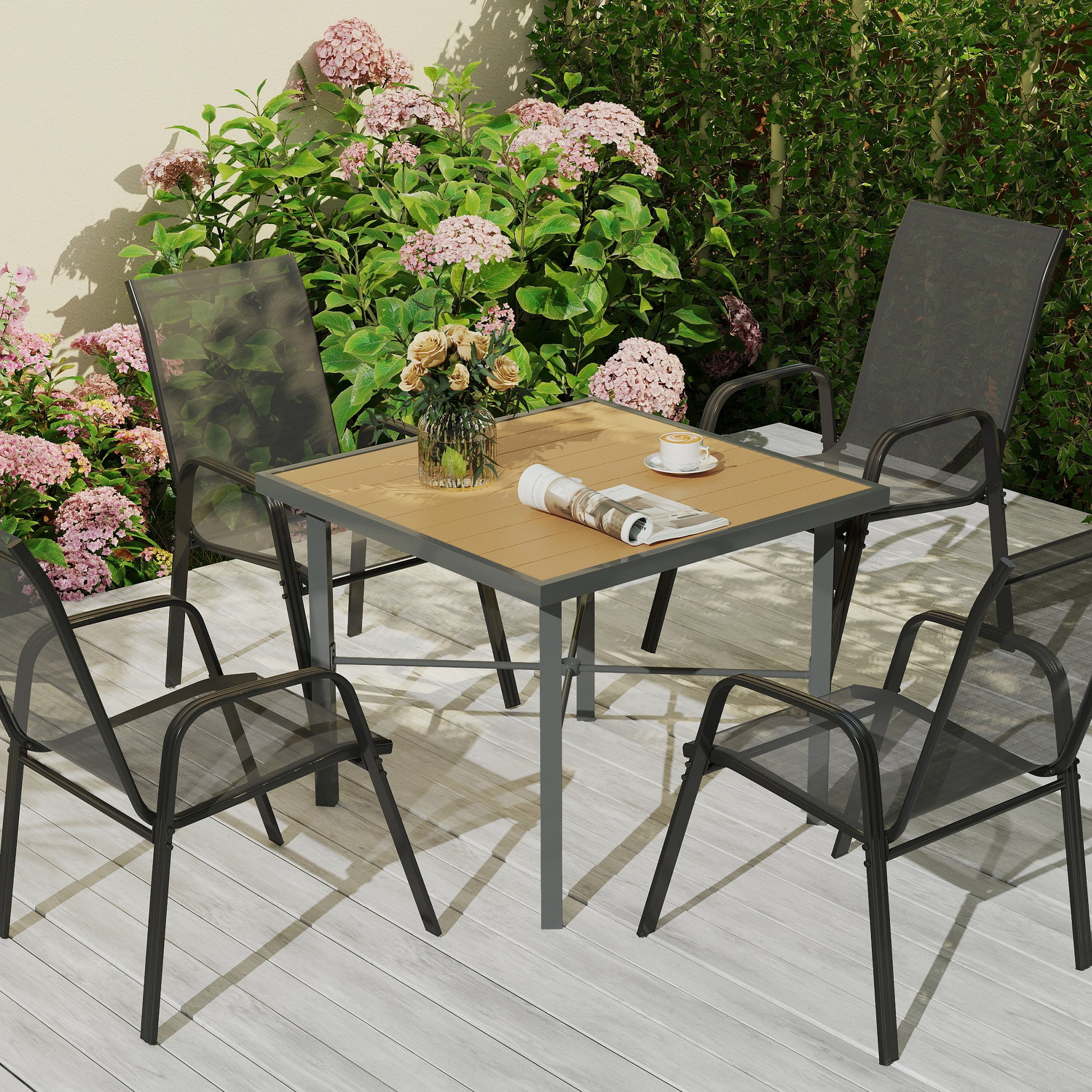 Outsunny Garden Table for 4, 90 cm Rectangular Outdoor Dining Table with 4.2 cm Umbrella Hole, Wood Effect Top, Rust Resistant Frame, for Patio, Balcony, Terrace, Natural Wood Finish