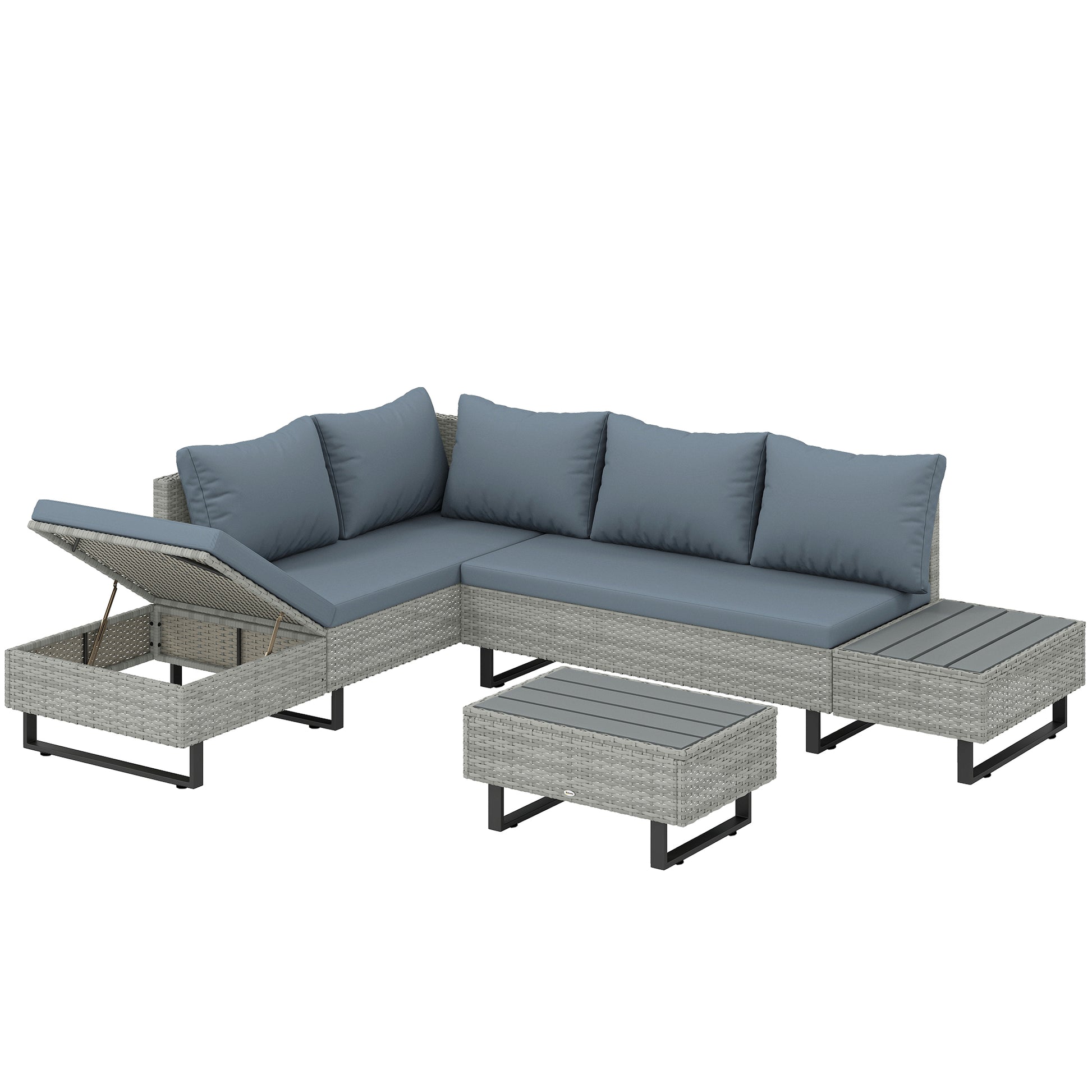 Outsunny 5 Seater Rattan Garden Furniture Set, L Shaped Garden Corner Sofa, Adjustable Back, Faux Wood Tables, Grey