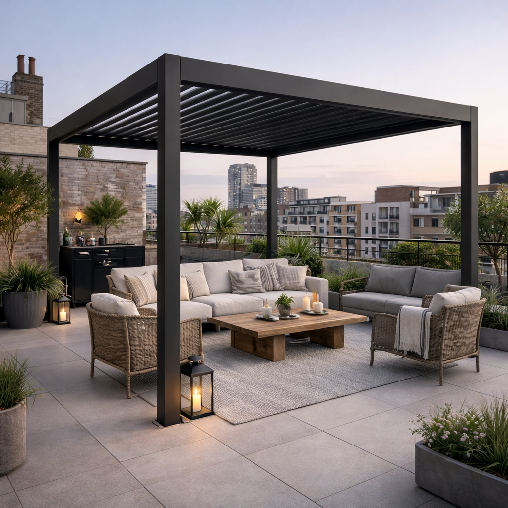 3 x 3(m) Electric Louvered Pergola with LED Lights, Aluminium Pergola Hardtop Gazebo with Remote