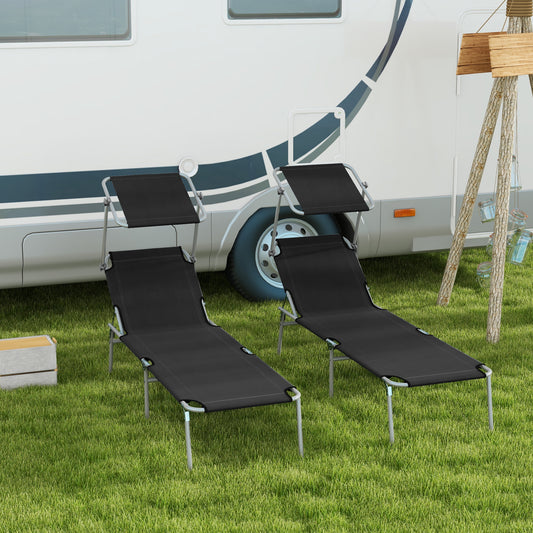 Foldable Sun Lounger Set of 2 with Sun Shade & Adjustable Backrest - Black