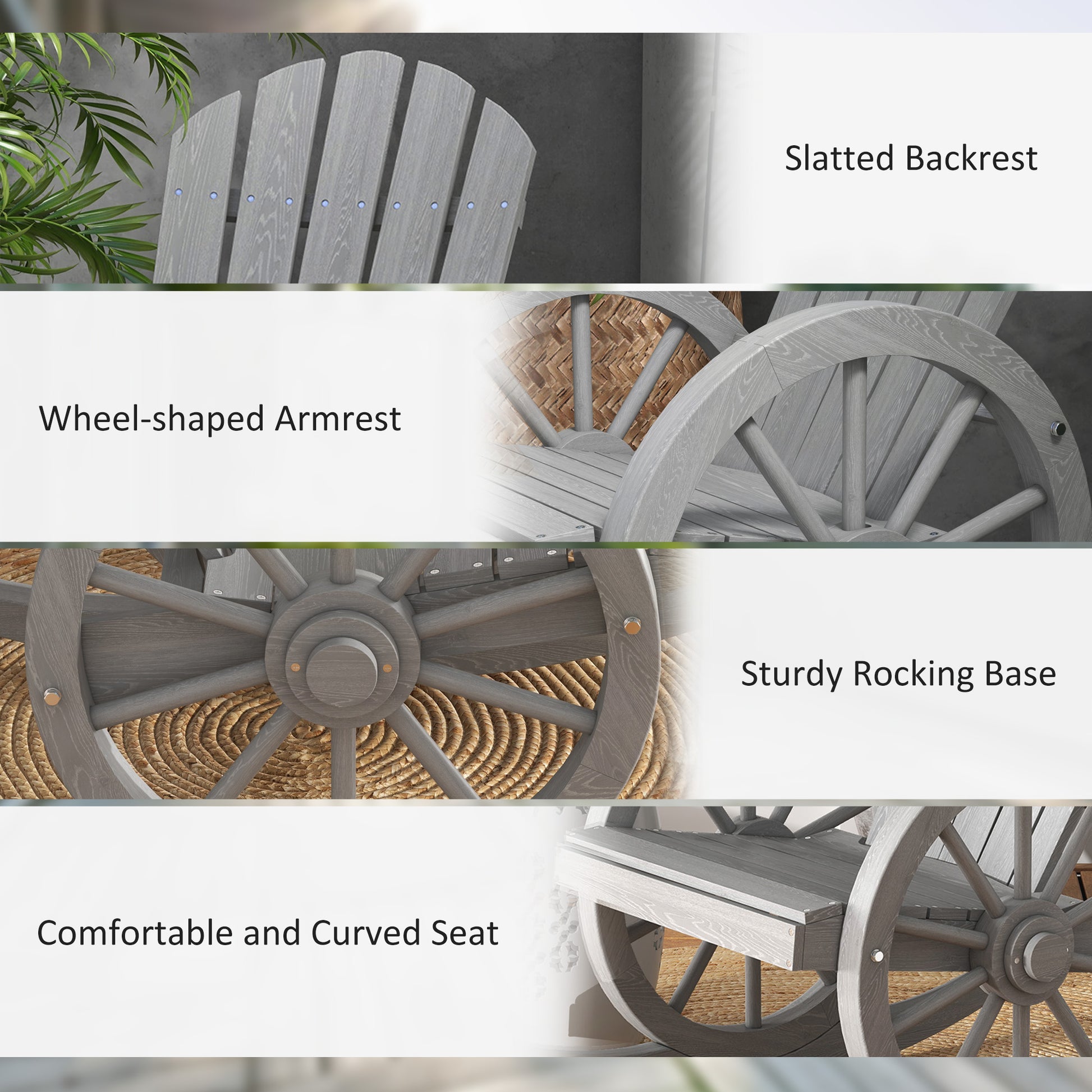 Outsunny Wooden Adirondack Rocking Chair Reclining Armchair Garden Furniture Patio Porch Rocker - Grey