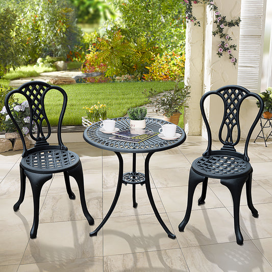 Marbella 3 Piece Small Patio Furnture Cast Aluminium Bistro Set Garden Table and Chairs Shabby Chic Style