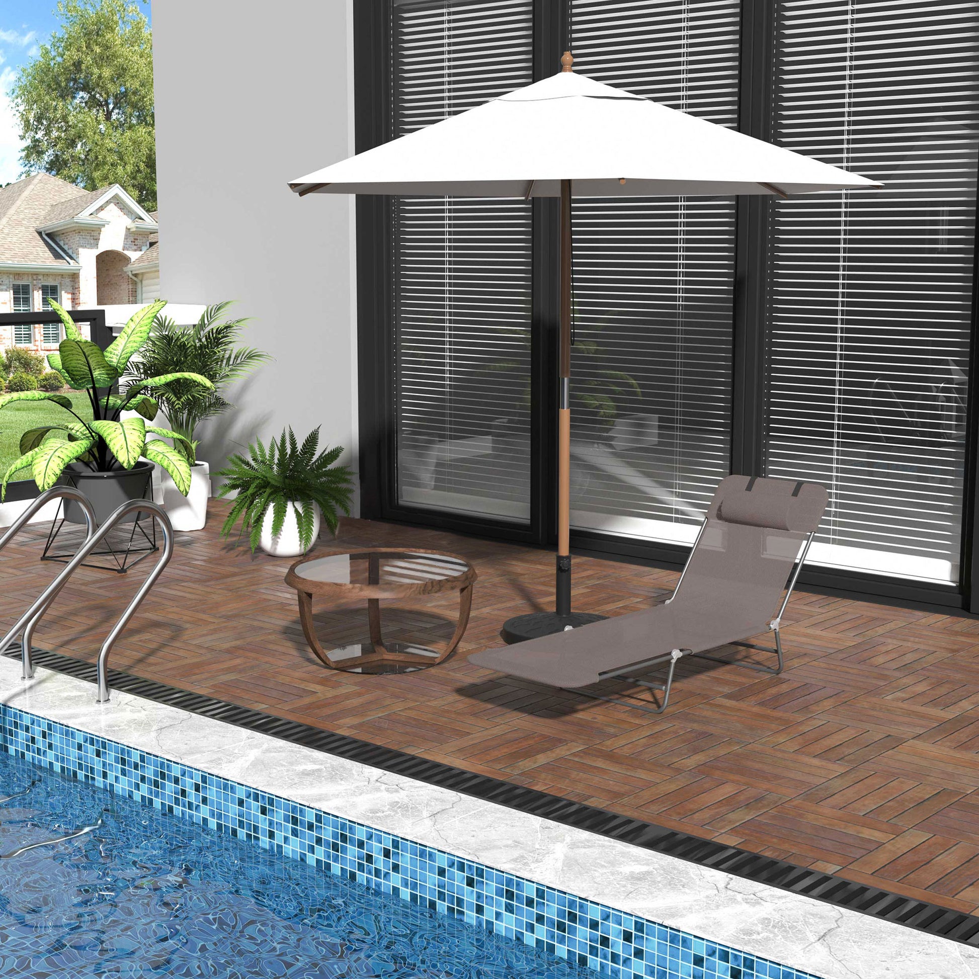 Outdoor Foldable Sun Lounger, Adjustable Backrest Garden Recliner Sun Lounger Chair with Headrest Pillow, Coffee