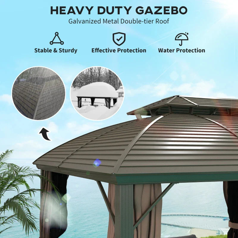 3.65m x 3m Coffee Hardtop Garden Gazebo with Steel Roof, Aluminium Frame, Double – Tier Canopy, Curtains & Mesh Sidewalls – Luxury Outdoor Pavilion...