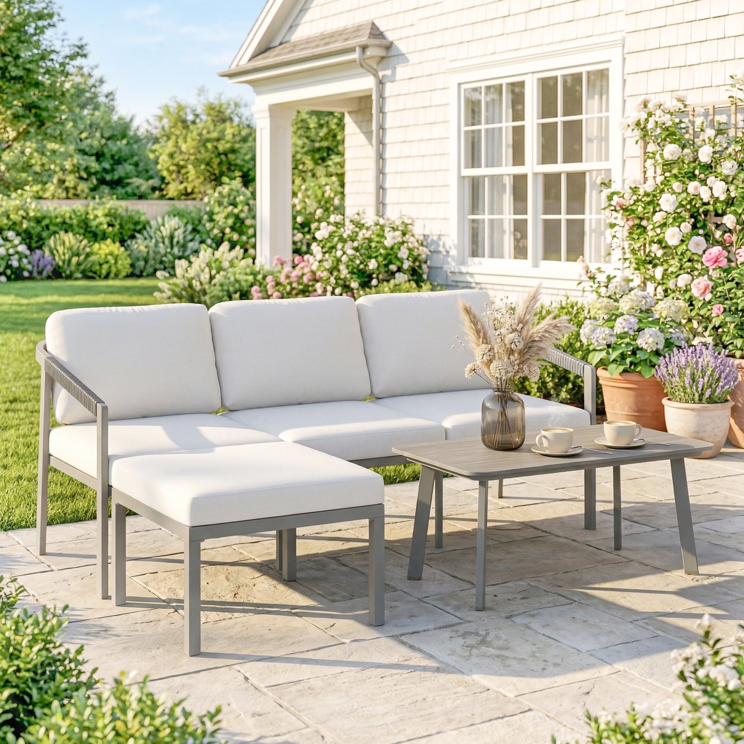 Amalfi 3 Piece Garden Dining Set, Garden Furniture with 3 Seater Sofa, Footstool, Coffee Table and Cuhsions