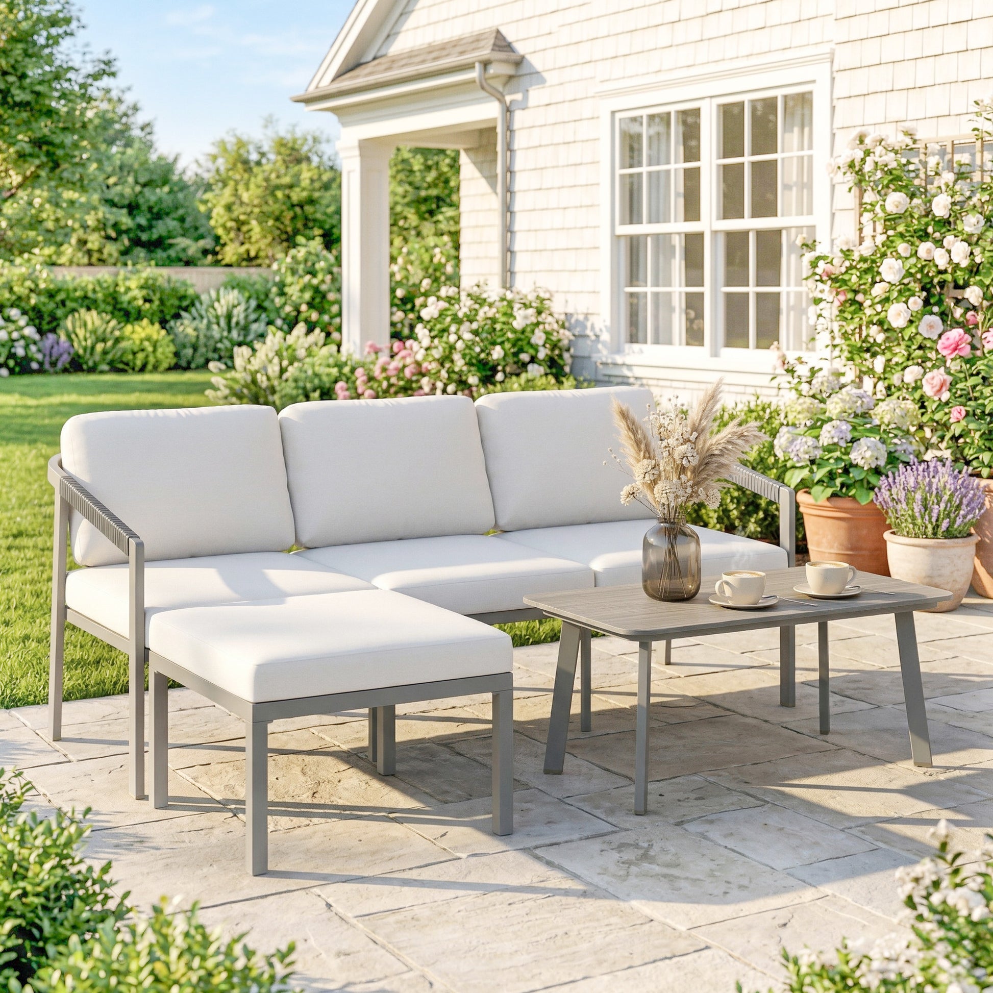 Amalfi 3 Piece Garden Dining Set, Garden Furniture with 3 Seater Sofa, Footstool, Coffee Table and Cuhsions
